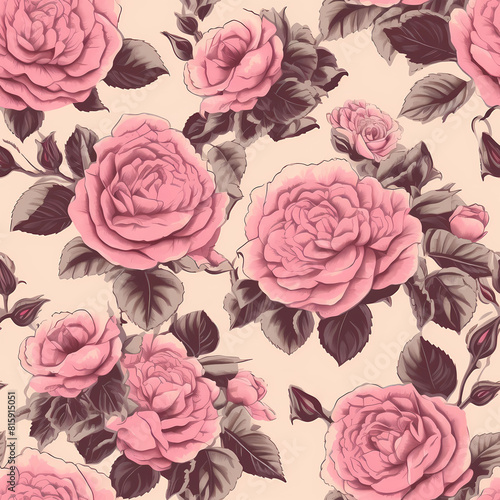 Seamless floral pattern with vintage pink roses and green leaves. Print for wallpaper, cards, fabric, wedding stationary, wrapping paper, cards, backgrounds, textures	