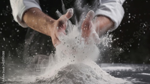 Male chef preparing flour for baking, dust flying in air, high speed motion on black background