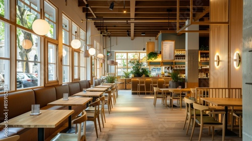 Contemporary Restaurant with Modern Decor and Stylish Seating, Featuring Large Windows and Natural Light