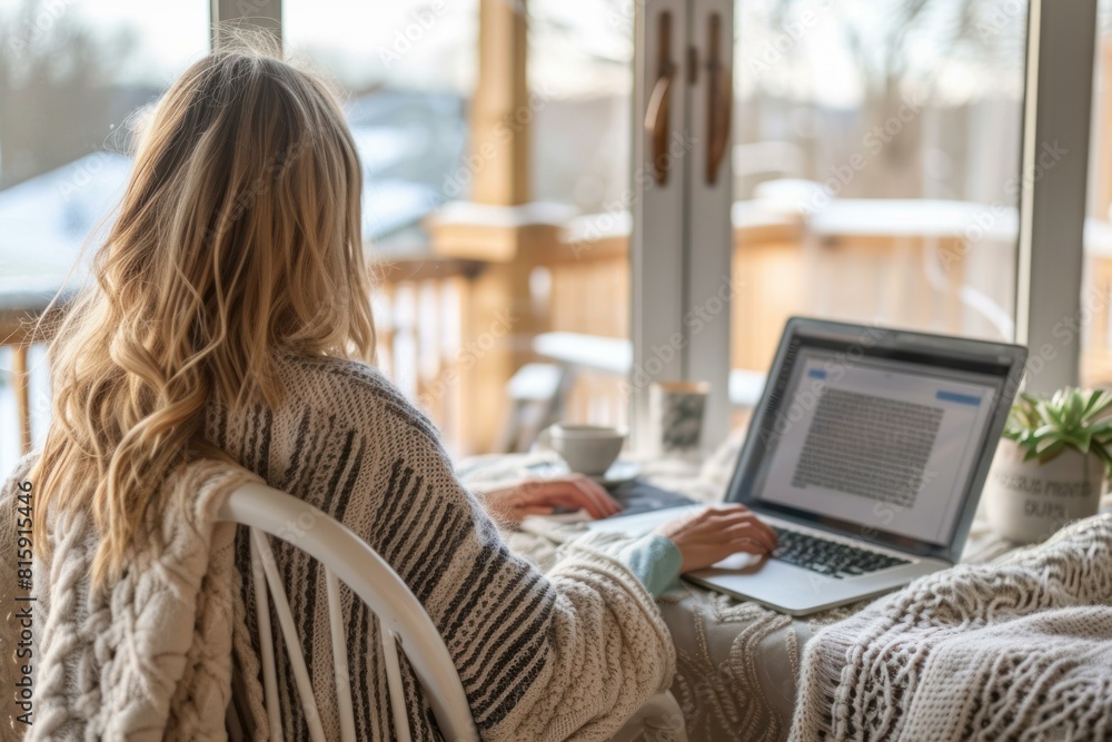 Naklejka premium Woman works from home, wrapped in a knit throw, with a view of a snowy landscape