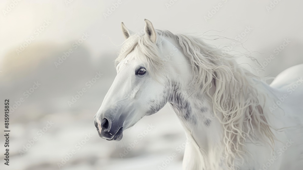 Obraz premium Majestic white horse in a misty setting, ideal for animal themes or cinematic projects.