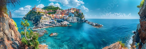 Liguria, Italy coastline of Riviera with colorful houses on sunny warm day, Monterosso al Mare, Vernazza, Corniglia, Manarola and Riomaggiore, Cinque Terre National Park UNESCO World Heritage