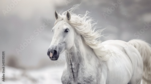 Majestic white horse in a misty setting  ideal for animal themes or cinematic projects.