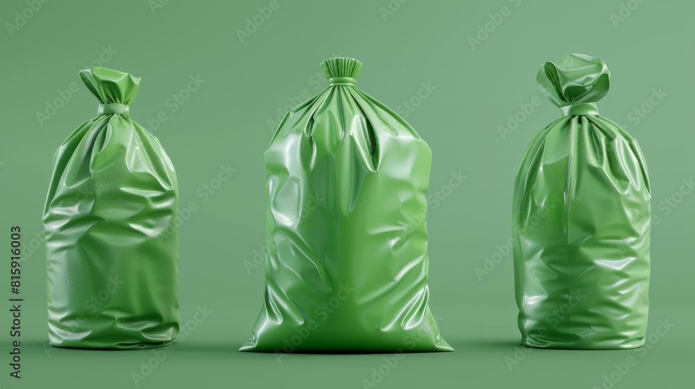 The mockup shows an empty trash bag, plastic roll, and sack full of trash. The mockup also showcases a green disposable package. The background shows a variety of household supplies. The mockup shows an empty trash bag, plastic roll, and sack full of trash. The mockup also showcases a green disposable package. The background shows a variety of household supplies.