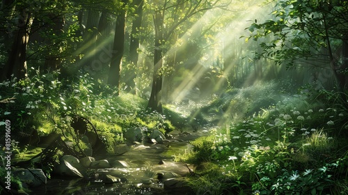 A dense forest with sunlight streaming through the trees, creating a magical atmosphere with vibrant flora and a clear, babbling brook