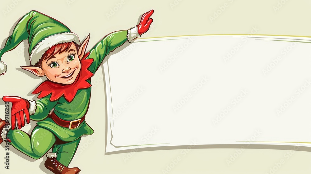 Naklejka premium Joyful Christmas elf in a festive outfit, perfect for seasonal greeting cards and decorations.