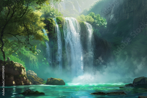 A spectacular waterfall plunging into an emerald pool below  surrounded by verdant foliage  moss-covered rocks  and misty spray  creating a mesmerizing tableau of natural beauty and aquatic splendor. 