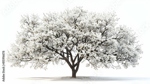A delicate dogwood tree isolated on white background with white flowers and broad leaves   perfect for spring garden designs. 