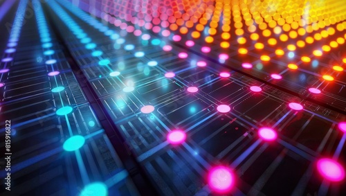 The image depicts a dynamic  futuristic digital landscape with glowing nodes and circuits  representing the interconnected world of technology and data. The vibrant blue  pink  and yellow hues.