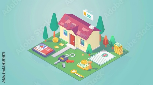 Basic banner for mortgage loans. Idea of investing in real estate with bank credit. Modern illustration showing isometric home, keys, money, and a financial contract.