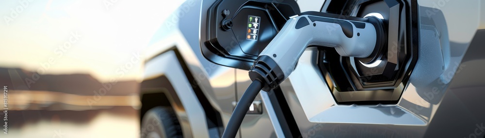 The photo shows a close-up of an electric vehicle charging. The photo shows a close-up of an electric vehicle charging.