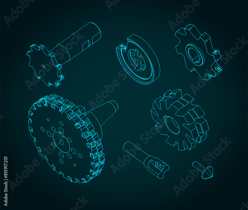 Milling cutters isometric blueprints © blacklight_trace