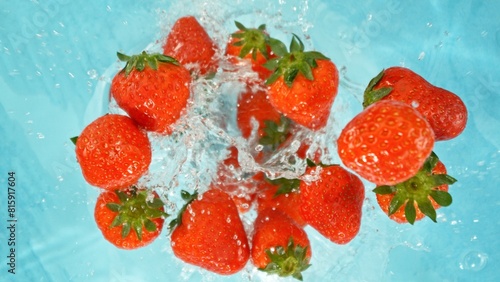 Freeze Motion of Strawberries Falling into Water, Splashing. © Jag_cz