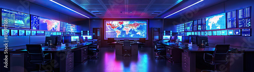 Crisis Response Command Center Floor: Featuring large display screens showing real-time data, communication hubs for coordinating emergency responses, and a command table for decision-making. photo
