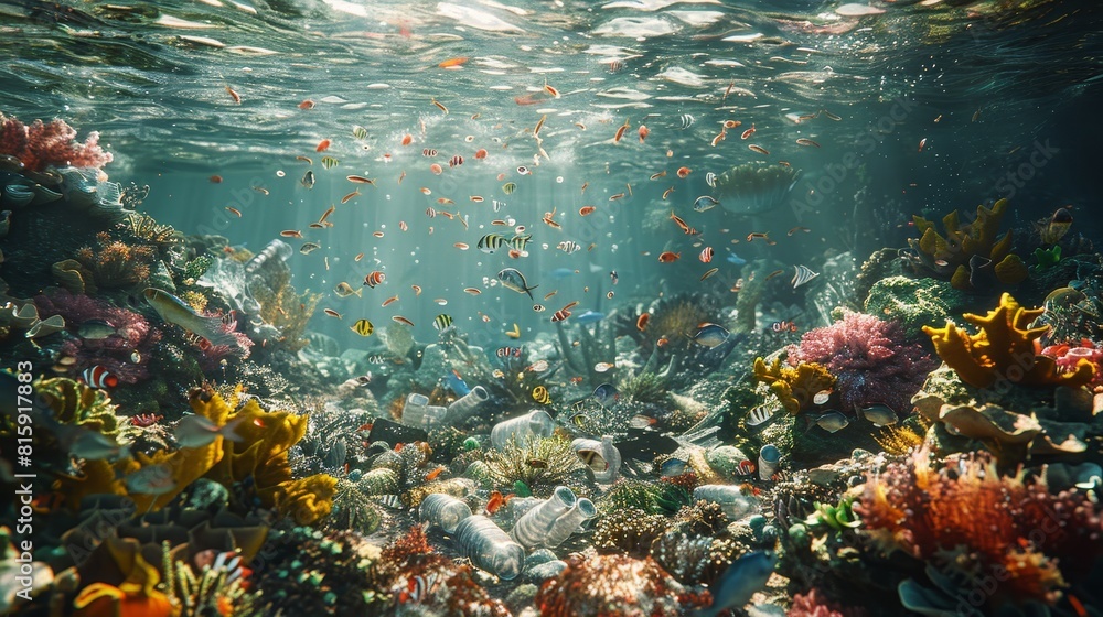 Fototapeta premium Underwater Scene Polluted with Plastic Bottles and Other Debris