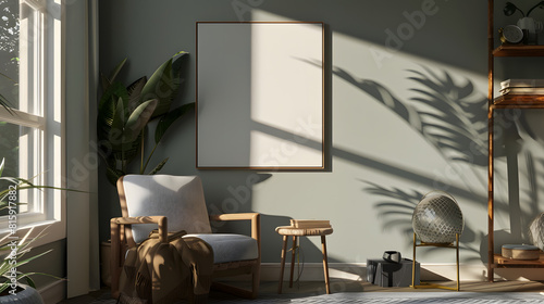 Stylish scandinavian composition of living room with design armchair black mock up poster frame plant wooden stool book decoration loft wall and personal accessories in modern home dec : Generative AI photo