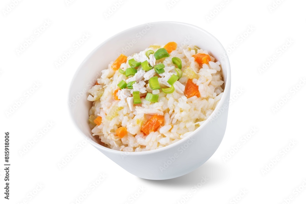 Asian rice chicken soup with carrots and celery in a bowl on a white isolated background Asian rice chicken soup with carrots and celery in a bowl on a white isolated background