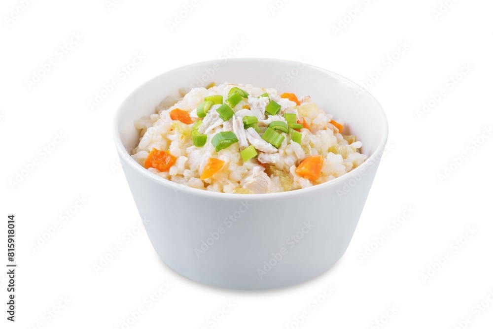 Asian rice chicken soup with carrots and celery in a bowl on a white isolated background Asian rice chicken soup with carrots and celery in a bowl on a white isolated background