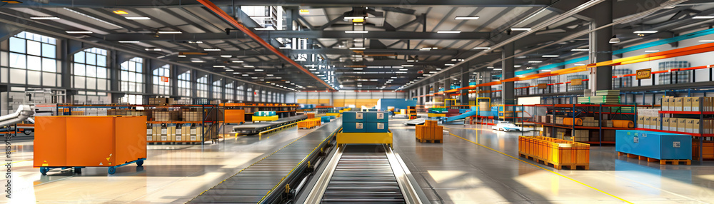 E-commerce Fulfillment Center Floor: Featuring conveyor belts transporting packages, automated sorting machines, shelves stacked with products, and workers fulfilling orders E-commerce Fulfillment Center Floor: Featuring conveyor belts transporting packages, automated sorting machines, shelves stacked with products, and workers fulfilling orders