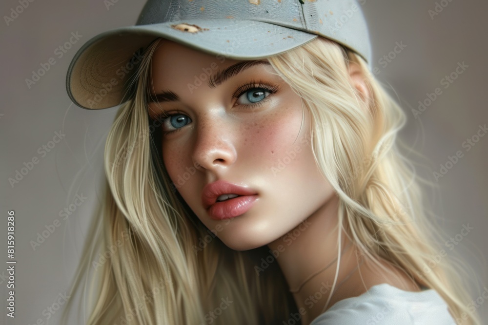 Close-up of a young woman with captivating blue eyes wearing a trendy cap Close-up of a young woman with captivating blue eyes wearing a trendy cap