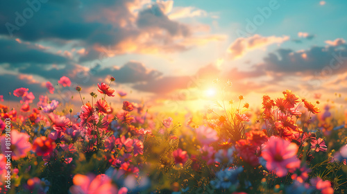Vibrant Fields of Wildflowers in Full Bloom: Summer Nature Photo realistic Concept Under Sunny Sky with Copyspace © Gohgah
