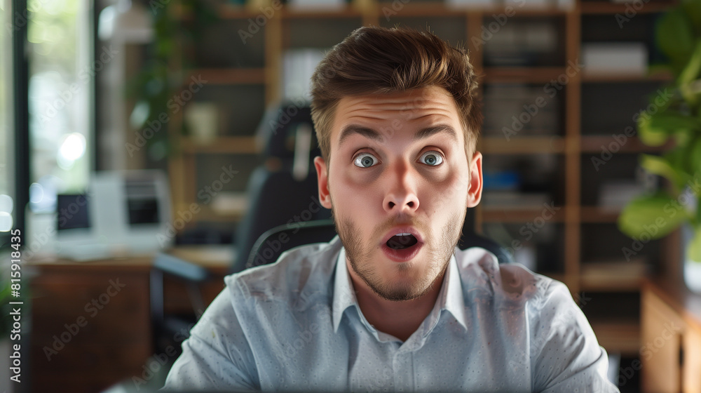 Young man with a surprised expression sitting in an office environment. Young man with a surprised expression sitting in an office environment.