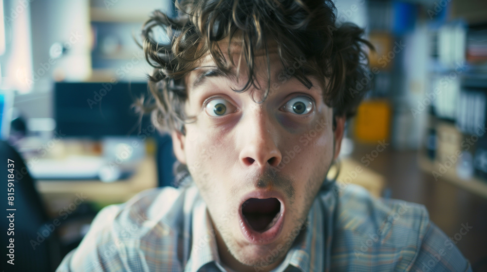 Close-up of a surprised young man with curly hair, wide eyes, and mouth open in an office setting.