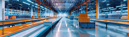 E-commerce Fulfillment Center Floor  Featuring conveyor belts transporting packages  automated sorting machines  shelves stacked with products  and workers fulfilling orders
