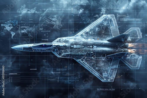 A dramatic reveal of a nextgeneration fighter jet, emerging from a cloud of holographic blueprints photo