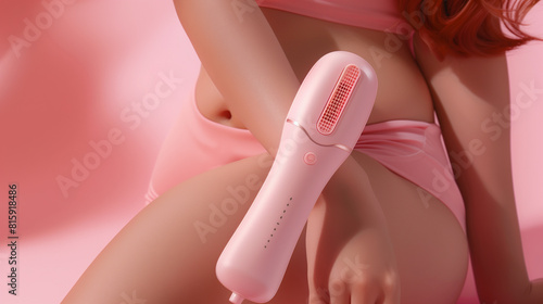 Close-up of a woman holding a pink sextoy vibrator device against a pink background
