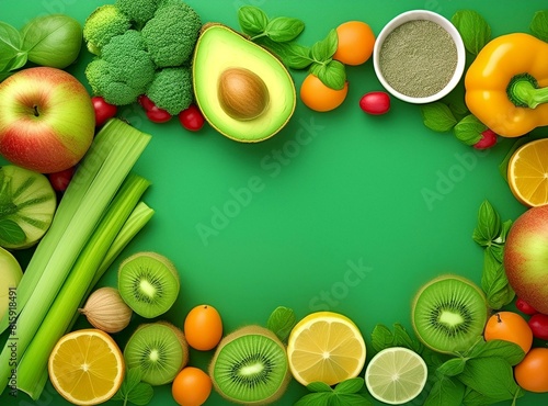 Vegetables on green background. 3D Rendering Design. With Copy Space.