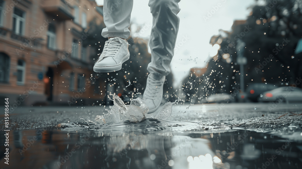 Close-up of a person's feet splashing in a puddle on a city street, capturing dynamic water droplets and urban background. Close-up of a person's feet splashing in a puddle on a city street, capturing dynamic water droplets and urban background.