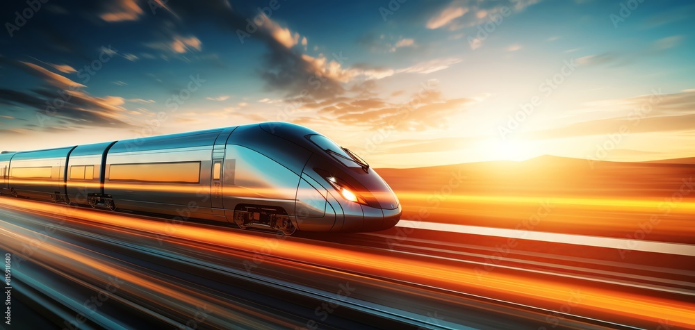 Fototapeta premium Highspeed train journey close up, focus on, copy space Modern and swift Double exposure silhouette with railway tracks.