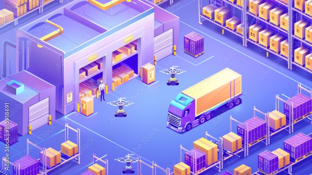 Intuitive warehouse banner. Distribution and delivery infrastructure for cargo from factory. Modern landing page with isometric warehouse interior and trucks, drones, and workers. Intuitive warehouse banner. Distribution and delivery infrastructure for cargo from factory. Modern landing page with isometric warehouse interior and trucks, drones, and workers.