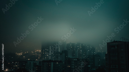 A moody  atmospheric night scene of a city with illuminated buildings shrouded in fog.