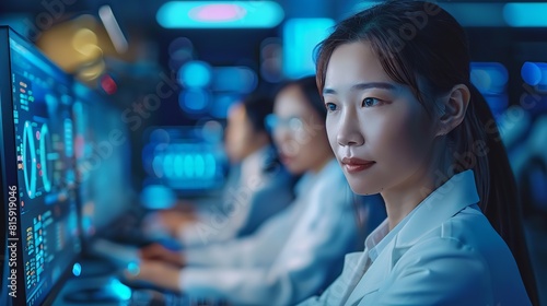 A woman wearing a white coat is focused on her computer screen, typing and scrolling through information