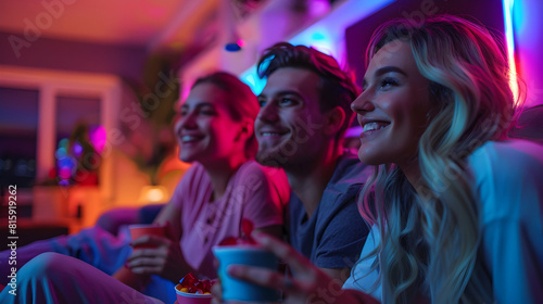 Friends having a fun game night with snacks and drinks, capturing the joy and excitement of togetherness and friendly competition