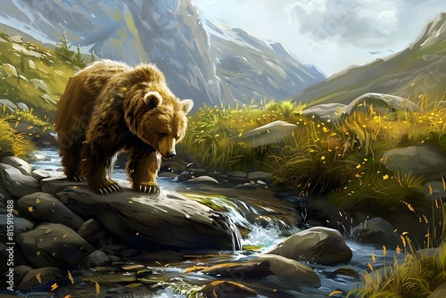 a cute bear on the bank of a river flowing over rocks photo