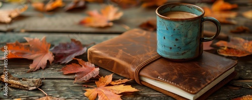 A cup of coffee and a book on a wooden table. The leaves are falling in the background. The image is warm and inviting.
