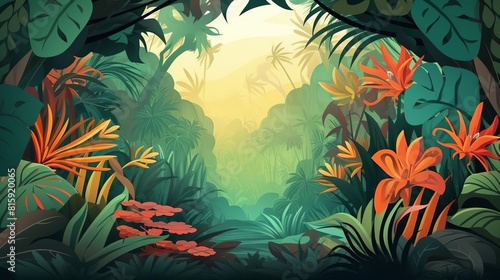 Fototapeta Naklejka Na Ścianę i Meble -  tropical jungle flat design front view exotic theme cartoon drawing Splitcomplementary color scheme