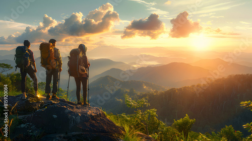 Group hiking in a national park promoting eco tourism: showcasing nature beauty and responsible travel