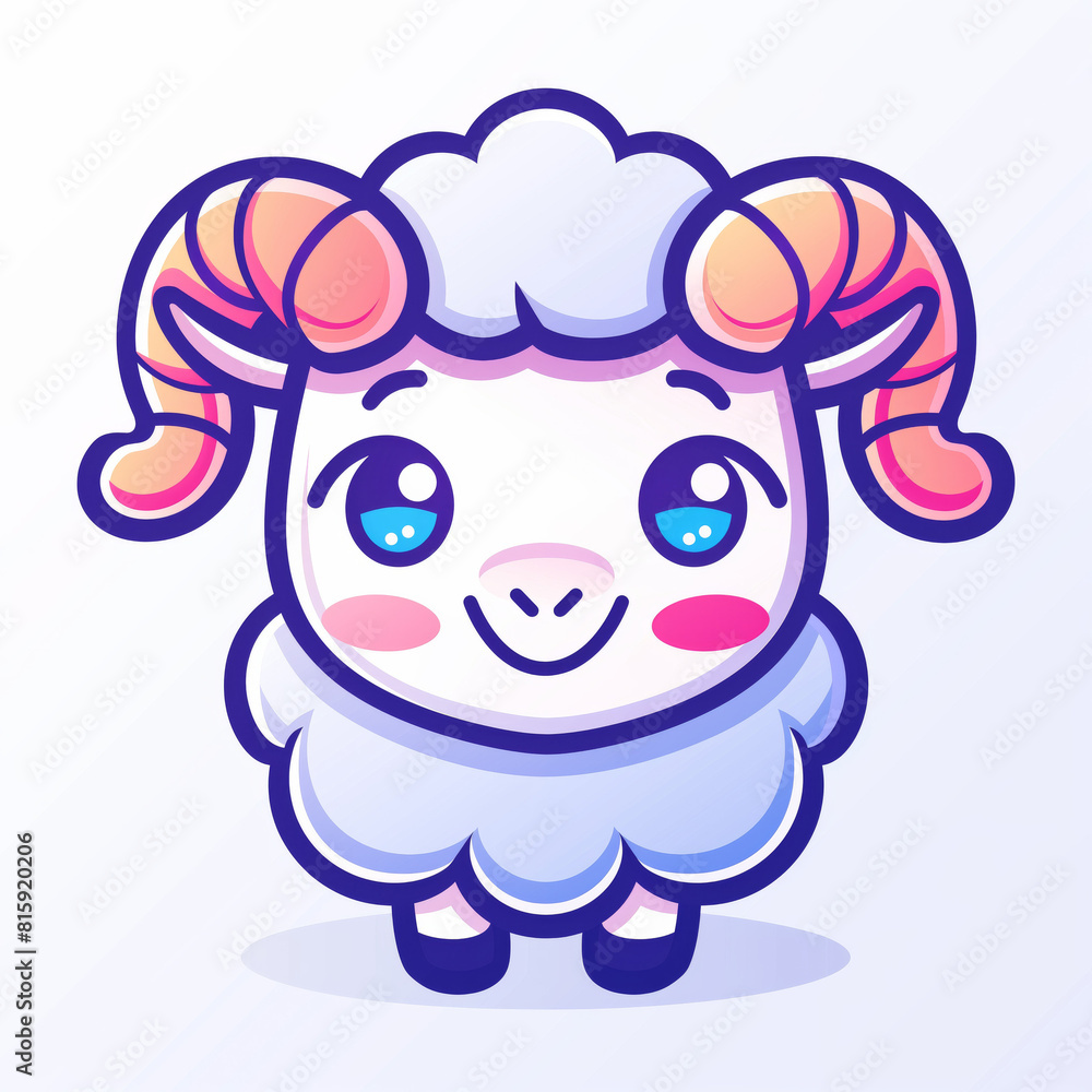 Aries The ram 2d sign , This is an adorable cartoon illustration of a smiling sheep with pink cheeks and blue eyes. It has light orange horns and a fluffy white coat. isolated. Aries The ram 2d sign , This is an adorable cartoon illustration of a smiling sheep with pink cheeks and blue eyes. It has light orange horns and a fluffy white coat. isolated.