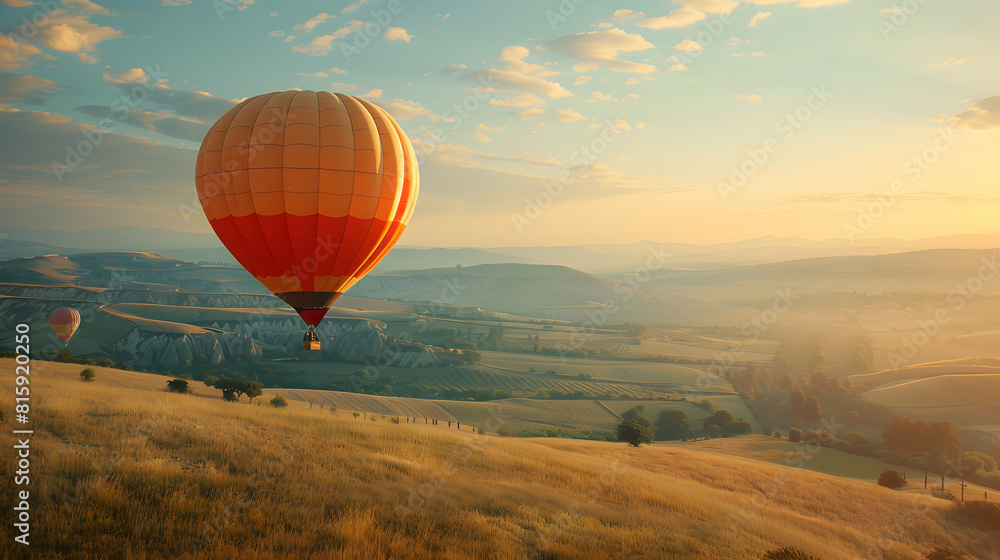 Adventure and Freedom: Photo Realistic Hot Air Balloon Soaring over Sunny Countryside, Summer Travel Concept with Copyspace