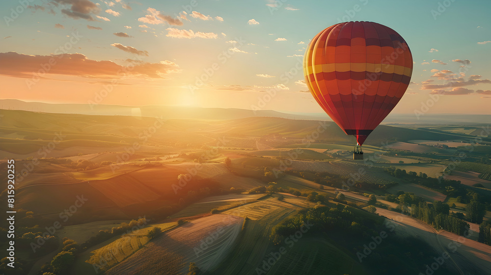 High Flying Adventure: Hot Air Balloon Soaring Over Sunny Countryside, Ideal for Summer Travel Concepts and Copyspace Usage High Flying Adventure: Hot Air Balloon Soaring Over Sunny Countryside, Ideal for Summer Travel Concepts and Copyspace Usage