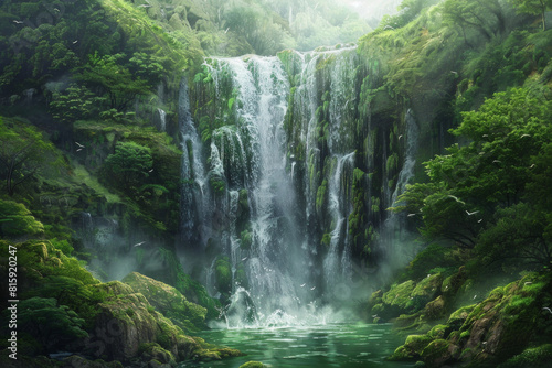 A spectacular waterfall plunging into an emerald pool below, surrounded by verdant foliage, moss-covered rocks, and misty spray, creating a mesmerizing tableau of natural beauty and aquatic splendor.  photo