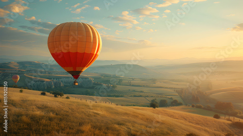 Adventure and Freedom  Photo Realistic Hot Air Balloon Soaring over Sunny Countryside  Summer Travel Concept with Copyspace