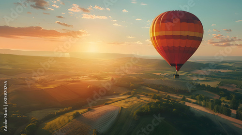 High Flying Adventure: Hot Air Balloon Soaring Over Sunny Countryside, Ideal for Summer Travel Concepts and Copyspace Usage