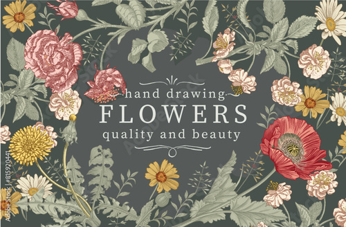 Wedding invitation. Beautiful blooming flowers. Vintage card. Frame. Drawing engraving isolated Rosehip Carnation butterfly wildflowers floral. Wallpaper baroque. Vector victorian Illustration