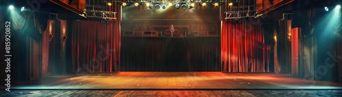 Community Theater Stage Floor: Displaying stage props, lighting rigs, seating arrangements, and actors rehearsing for a performance