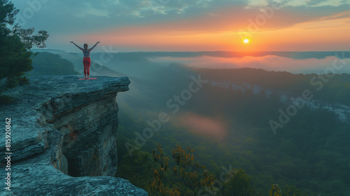 A dramatic photograph capturing the strength and poise of a yogi practicing the Crow Pose  Bakasana  on a rocky outcrop at dawn  with the rising sun casting long shadows across the